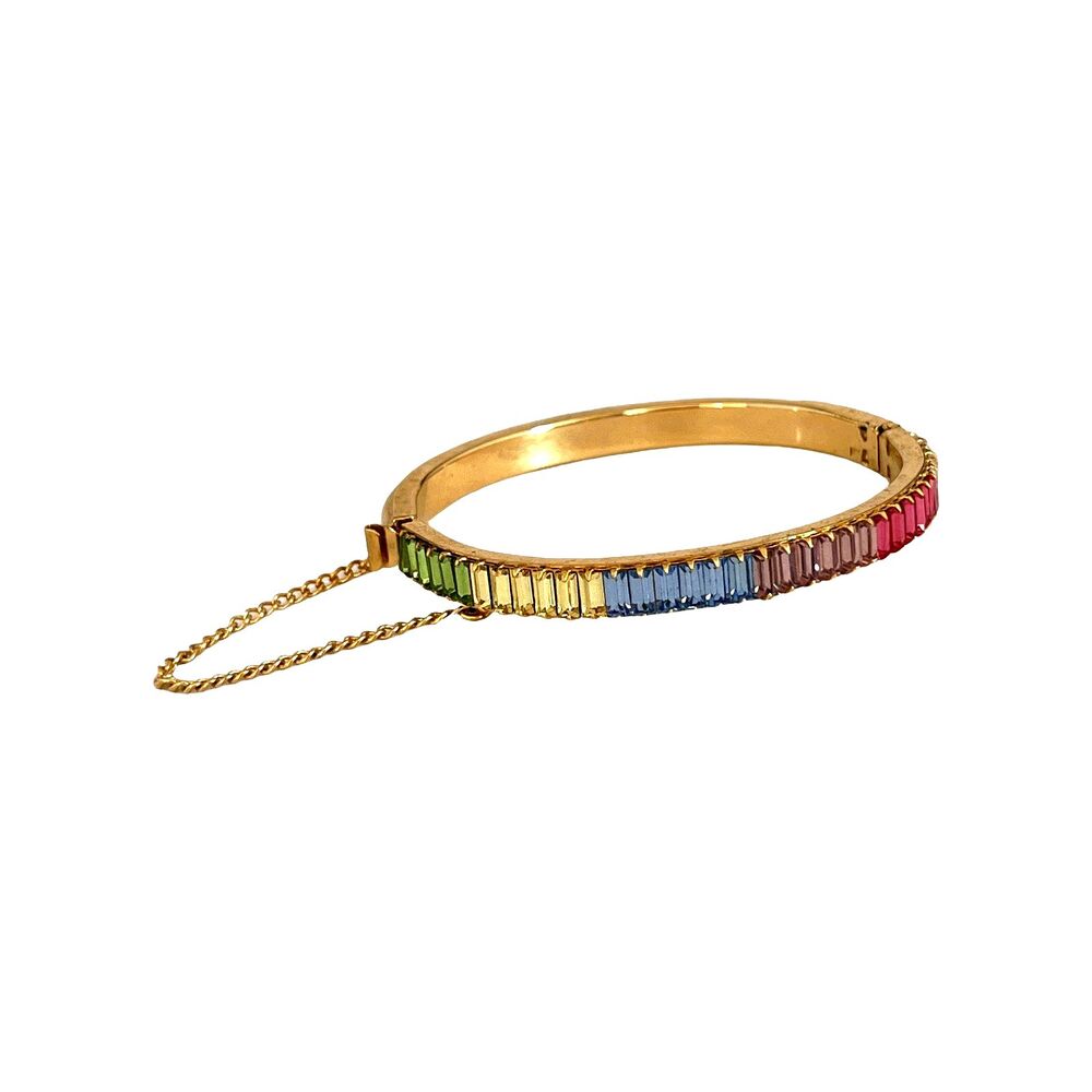 Vintage 1960s Pastel Multicolor Rhinestone Clamper Bracelet Gold Tone - 15E